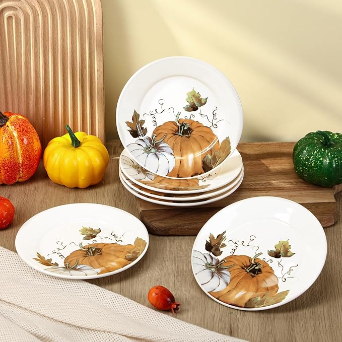 Honeydak 6 Pcs 6 Inch Fall Plates Pumpkin Ceramic Thanksgiving Salad Plates So Blessed Platter Cookie Dishes Autumn Harvest Vintage Dessert Appetizer for Thanksgiving Dinner Party Decoration