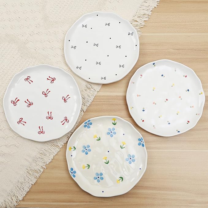 Koythin Floral Ceramic Dinner Plates, 8" Microwave Safe Dishes for Pasta, Modern Rustic Appetizer Plate for Salad Fruits Dessert Cake (Tulip Small Floral Fragments)