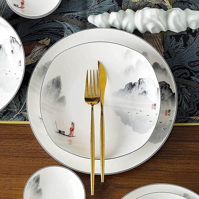 Ceramic Dinnerware Sets for 12 Reusable Tableware Set Chinese Style Dishes Set Ink Painting Serving Plates and Bowls Sets Safe and Healthy Dining Ware Set Plates/Bowls/Spoons and Soup Pot - 60 Piece