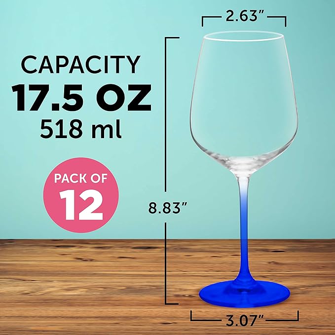DISCOUNT PROMOS Crystal Wine Glasses 17.5 oz. Set of 12, Bulk Pack - Restaurant Glassware, Perfect for Red Wine or White Wine - Blue