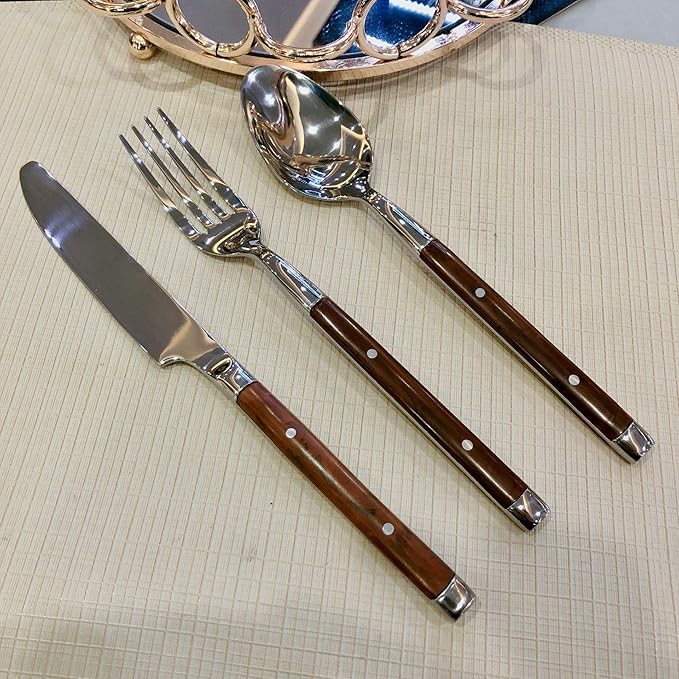 50 Piece Brown Silverware Set for 10 Classic Flatware Set Elegant 18/8 Stainless Steel Western Rivet Cutlery Delicate Utensils for Home Seder Holiday Dishwasher Safe Mirror Polished