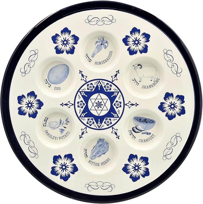 The Dreidel Company Ceramic Seder Plate Renaissance Design Passover Plate, 12" Inch Diameter - Blue (Renaissance Design)