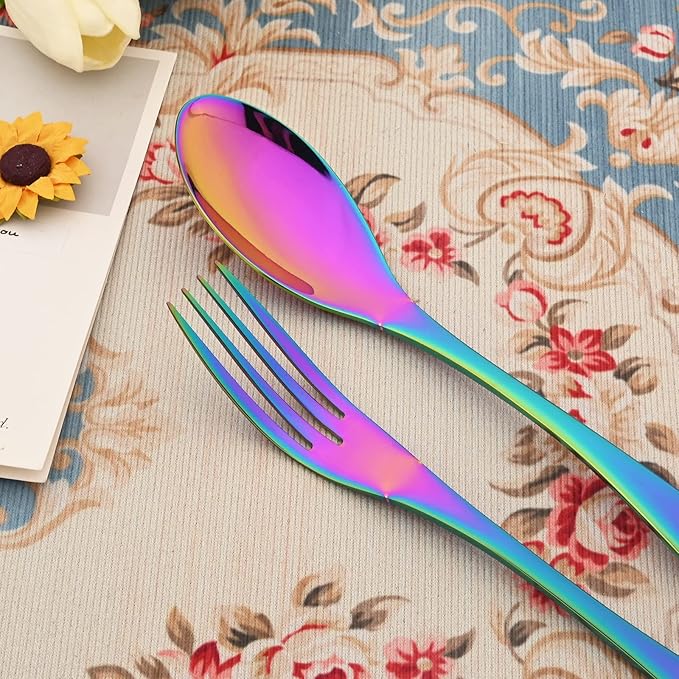 24-Piece 304 Silverware Set, Mirror Polish Serving Flatware Cutlery Set Include Steak Knife Fork Spoon, Wedding Kitchen Restaurant Utensils Daily Use, Service For 4, Rainbow
