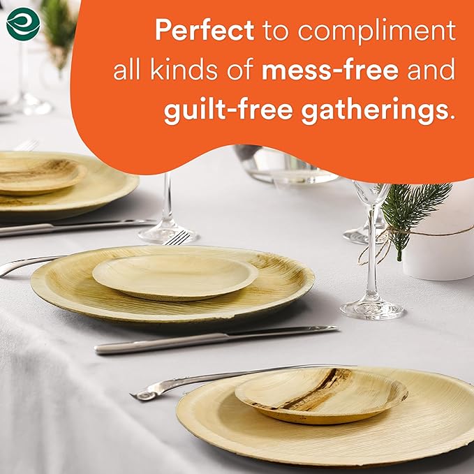 ECO SOUL Palm Leaf Disposable Bamboo Plates 10" Round Compostable & Biodegradable Party Plates for Christmas Dinner, Weddings, Parties & Events 50 Count