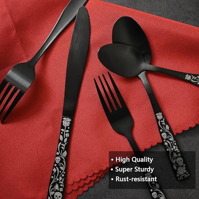 20-Piece Matte Black Silverware Set for 4, Skull Rose Cultery Set 18/0 Stain Finish Stainless Steel, Gothic Skeleton Pattern Decorative Flatware Set, Daily Halloween Party Event Serving For 4