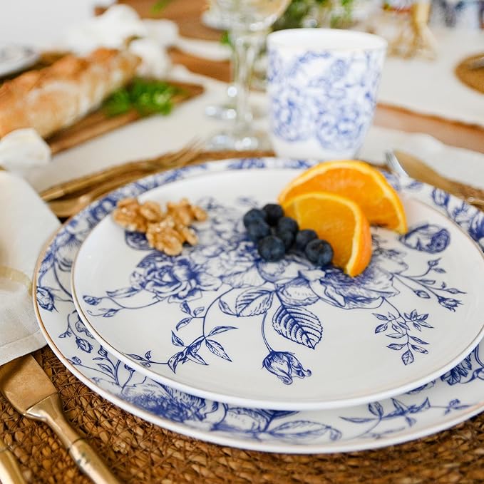 Blue Rose Plates and Bowls Sets Dishes Set for 4, Ceramic Plates and Bowls Set, Service for 4, Bone China Dinnerware Set Salad Dessert Plates, and Cereal Bowls Set, Microwave safe by KOKEN