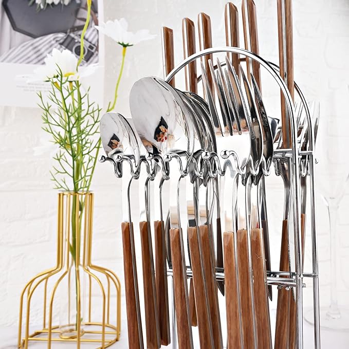 24Pcs Wooden Handle Flatware Silverware Set with Stand, Stainless Steel Cutlery Set for 6, Square Handle Eating Utensils, Mirror Polished Knife Fork Set
