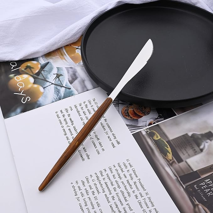 24-Piece Silverware Set for 6, Silver Mirror Polished Stainless Steel Flatware Set, Wooden Effect Handle Utensil Set for Home Hotel Restaurant, Family Cutlery Set Include Knife Fork Spoon