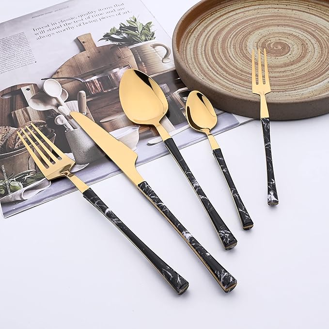 Cooking Black Gold Flatware Set, Stainless Steel Silverware Set 20 Piece with Black Marble Texture, Tableware Cutlery Set Service for 4, Include Knife Fork and Spoon, Dishwasher Safe