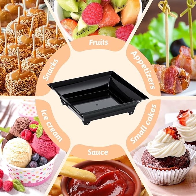200 Pcs Mini Appetizer Plates Bulk 1 oz 2.4 Inch Square Plastic Dessert Plates Disposable Appetizer Tray for Wedding Shower Valentine's Salad Cake Afternoon Tea Birthday Party (Black)