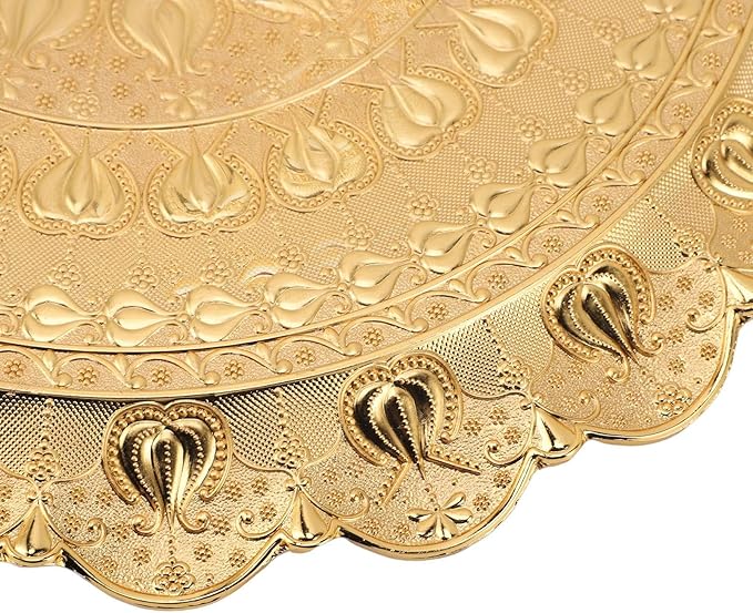 Fydun Turkish Ottoman Tea Coffee Serving Tray, Vintage Embossed Tray, Pattern Round Plate for Bar Outdoor Dessert Drinks Breakfast Dinner Golden (Gold)