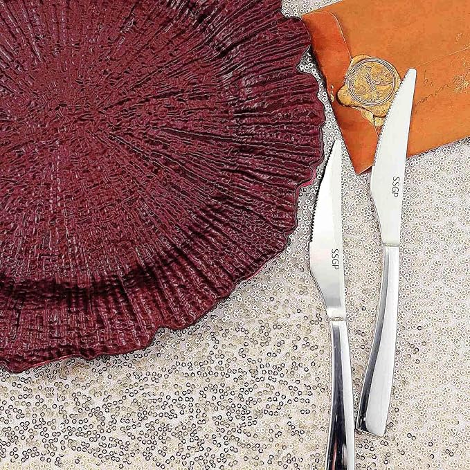 13" Charger Plates - Set of 12 - Acrylic Burgundy Round Reef Disposable Chargers, Ideal for Dinner Party Wedding Holiday Bulk Events