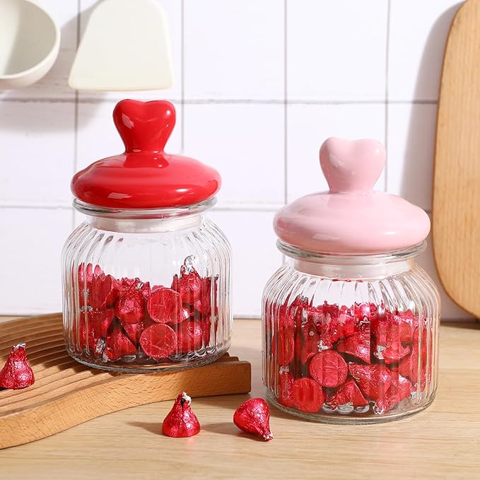 Valentines Day Decorations -2 PCS Glass Jars with Ceramic Heart Lid-Valentines Glass Storage for Chocolate Candy Sweets Gift Table Party Centerpieces Decor