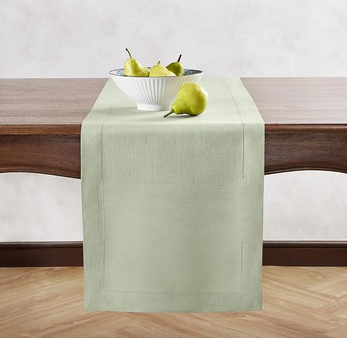 Home Ekaa Sage Green 100% Pure Linen Table Runner 90 inches – Long Hemstitch Runner 14x90 Inch Ideal for Dining - Fall, Christmas, Winter, Holiday, & Everyday Decor – Elara