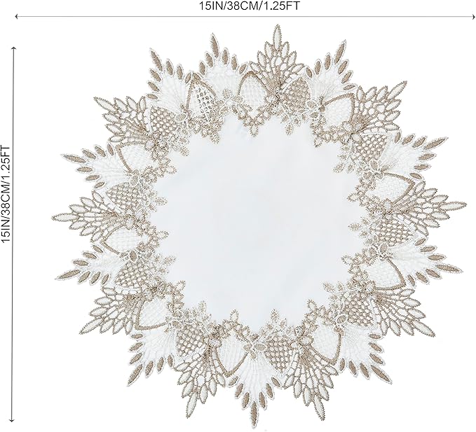 White Linen Doily 15 inches Round Neutral Earth Tones Beige Lace Coffee Table Topper Dresser Scarf Place Mats (White, 15” Round)