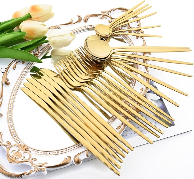 32 Piece Basic Silverware Set, 100% Stainless Steel Tableware Kitchen Silverware Ideal For Wedding/Party/Restaurant/Home, Service For 8, Mirror Stain - Gold