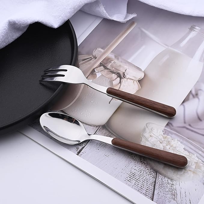 24 Piece Tableware Silverware Set with Faux Wooden Handle, Brown Silver Stainless Steel Flatware Cutlery Set for 6, Utensil Set for Home Including Forks Spoons Knives, Mirror Polished