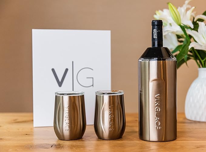Vinglacé Wine Bottle Chiller Gift Set- Portable Stainless Steel Wine Cooler with 2 Stemless Wine Glasses, Copper