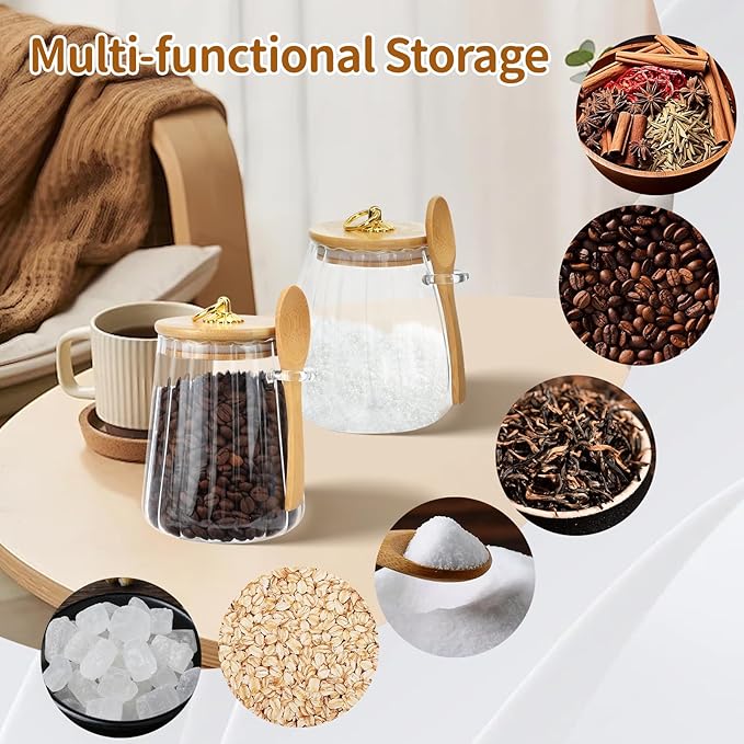 2Pcs Sugar Container with Bamboo Lid and Spoon, Glass Sugar Bowl, Clear Airtight Coffee Canister, Large Capacity Glass Jar for Storing Sugar Oats Coffee Beans Spices Tea