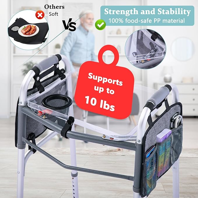 BAGSFY Clear View Walker Tray with Cup Holder & Side Pockets, Transparent Folding Walker Table for Seniors, 8.8lbs Load-Bearing Sturdy PP Tray, Universal Fit Walker Accessory for Elderly