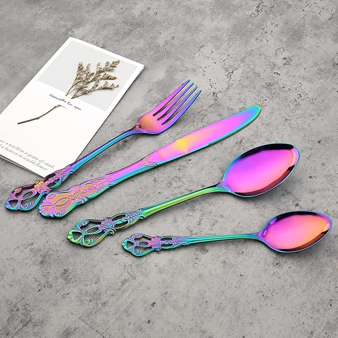 8-Piece Luxury Royal Silverware Set, 18/10 Stainless Steel Rainbow Flatware Set Service for 2, Tableware Cutlery Set Include Forks Spoons Knives, Modern Design & Mirror Polished Dishwasher Safe