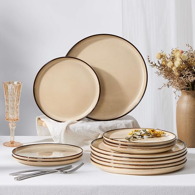 Herogo Ceramic 7.9 Inch Dinner Dessert Plates Set of 4, Small Stoneware Dinnerware Plate Set, Double Reactive Glaze Large Dinnerware Plates for Kitchen, Microwave, Oven & Dishwasher Safe, Cream Khaki