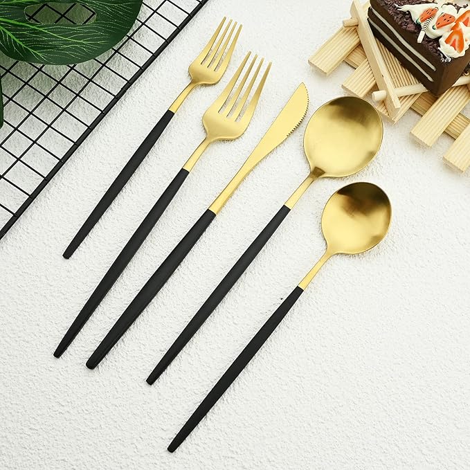 30-piece Black and Gold Silverware Set with Steak Knives for 6, 18/0 Stainless Steel Flatware Cutlery Set, Hand Wash Recommended,Matte Finished