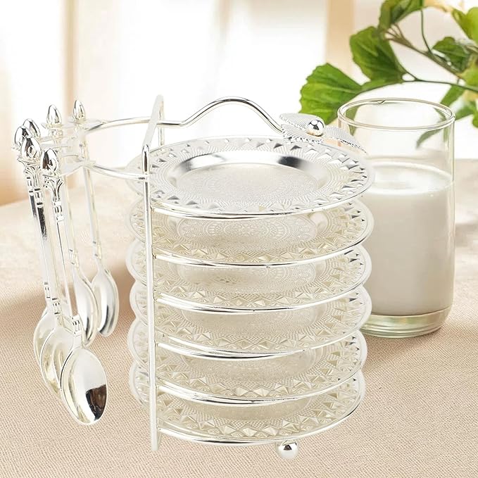 GLOGLOW European Style Food Plate, Zinc Alloy Serving Tray with Spoon for Steaks Pasta Fruits Snacks, Elegant Design for Parties and Gatherings (Silver)