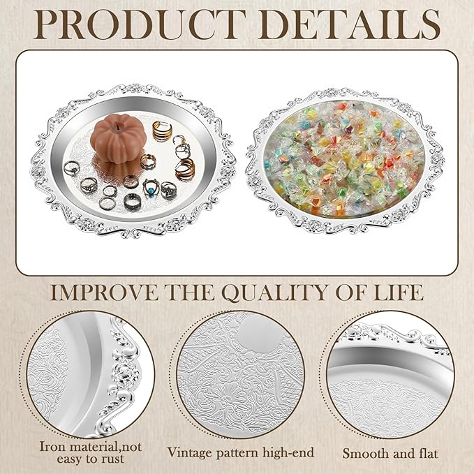 2 Pcs Silver Serving Plates 9.8 Inch Round Platter Serving Tray Decorative Vintage Metal Dessert Plates Vanity Trinket Dishes Jewelry Storage for Wedding Birthday Party Centerpiece