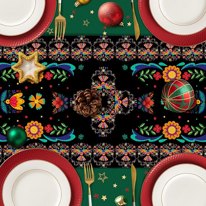 Mexican Floral Skull Table Runner Seasonal Holiday Kitchen Dining Linen Table Decoration for Indoor Outdoor Home Party Decor 13 x 72 Inch