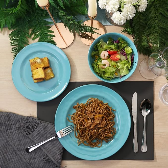TP 12-Piece Dinnerware Set, Melamine Dishes Set with Bowls and Plates, Non-breakable and Lightweight Dinner Service for 4, Teal