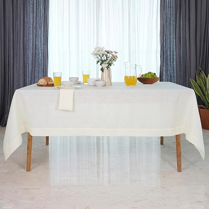 D'Moksha Homes Ivory Linen Tablecloth 60 x 144 Inch - 100% Pure Linen Table Cloth for Rectangle Tables - Machine Washable Tablecloth for Winter, Christmas, Holiday, New Year