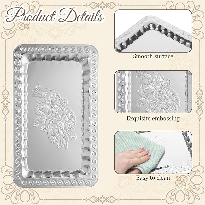 6 Pcs Silver Serving Trays, 13.8" x 8.7" Stainless Steel Rectangle Serving Tray, Decorative Silver Plates, Swirl Floral Engraved Tray, Metal Sizzler Plates for Coffee Table, Bar, Party, Club, Home