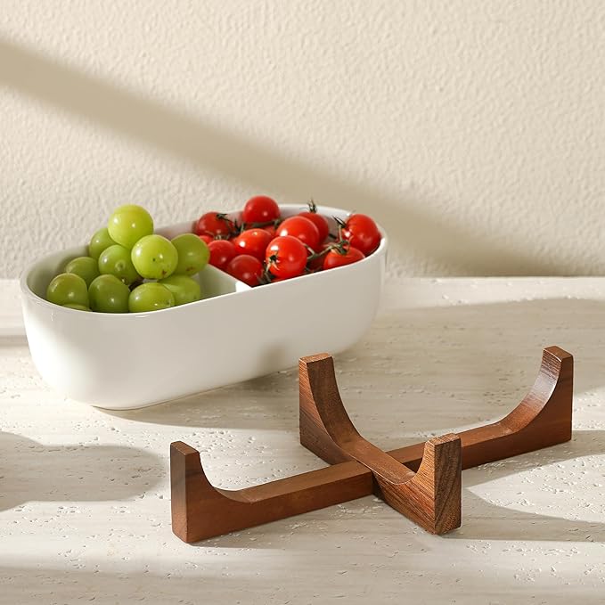 Chip and Dip Serving Bowl with Acacia Wood Base, Ceramic Serving Bowl for Home Decor(2-Compartment Bowl), 10.5 inch Divided Bowl for Snack, Dessert, Fruit, Veggies