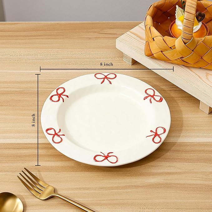 Koythin 8-inch Ceramic Dinner Plates with Bow Design, Microwave Safe - Modern Rustic Serving Dishes for Pasta, Salad, Dessert, Fruits & Appetizers (Red)