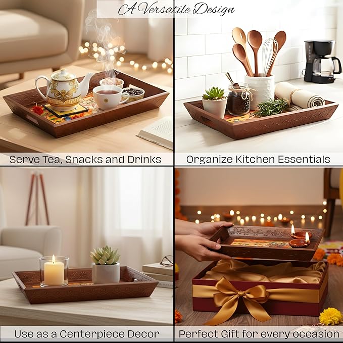 Swadeshi Blessings Wooden Serving Tray Set- Handcrafted & Hand-Painted for Kitchen/Table & Home Decor/Dinning/Gifts/Restaurants/Living Room/Coffee Table (Set of 3 Trays) (Brown)