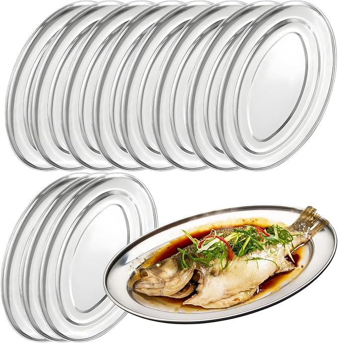12PCS Stainless Steel Oval Platter, 13.2" Heavy Duty Mirror Polish Large Sizzling Steel Dinner Plates, Anti-rust Metal Dinner Plate for Steam