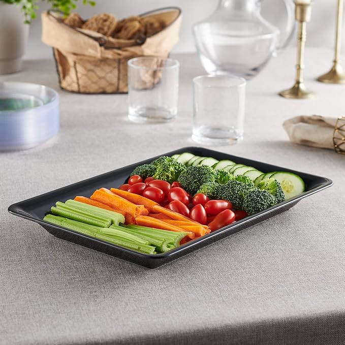 Plasticpro Plastic Serving Trays - Serving Platters Rectangle 10 X 14 Disposable Party Dish Black Pack of 12