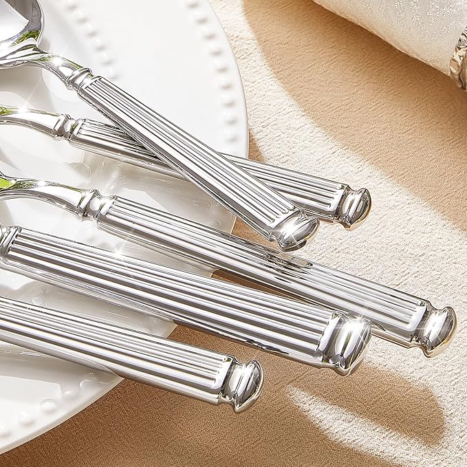 KINGSTONE Silverware Set, 10-Piece 18/10 Stainless Steel Flatware Set - Roman Column Embossed Thick Handle, for Wedding, Home, Restaurant, Kitchen and Party, Mirror Polish & Dishwasher Safe