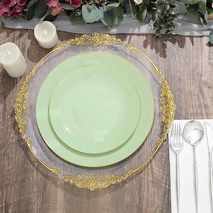 Efavormart 10 Pack | 8" Glossy Sage Green Round Plastic Dinner Plates With Gold Rim, Disposable Party Plates