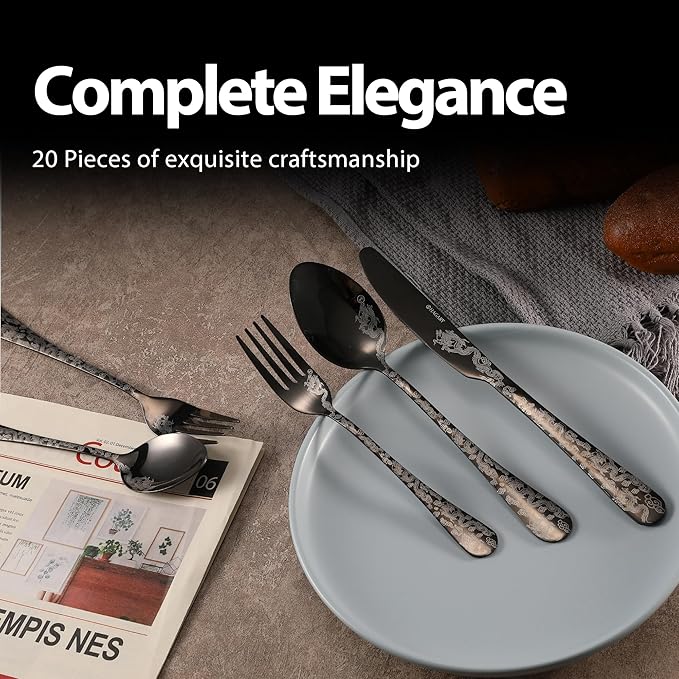 Hagary Dragon Cutlery Set 20 Pieces Stainless Steel Flatware Set Service for 4 Utensils For Home Kitchen Wedding Laser Engraved Dishwasher Safe Black