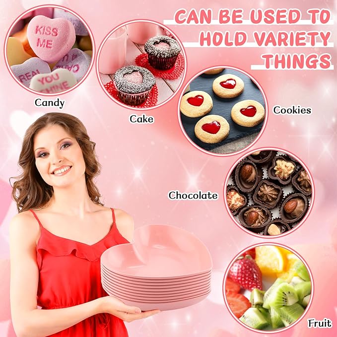 10-Pack 9.8 Inch Valentine's Day Candy Dish Heart Shaped Candy Bowl Plastic Dessert Plates Heart Shaped Dinner Bowl Party Serving Dishes for Salad, Cake, Snack, Waffles, Fruit, Appetizer(Pink)