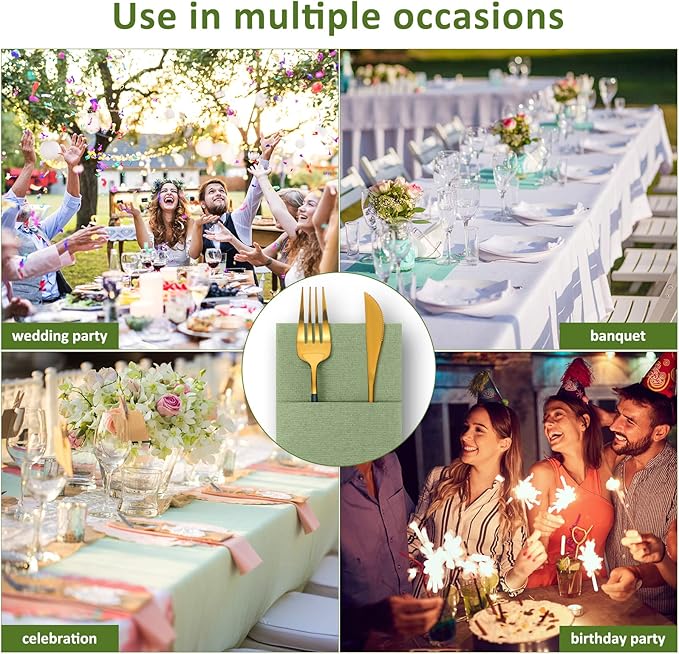 Cindeer 150 Pcs Sage Green Linen Dinner Feel Napkins with Built in Flatware Pocket Prefolded Paper Disposable Airlaid Guest Hand Towel for Silverware Wedding Reception Christmas Baby Shower