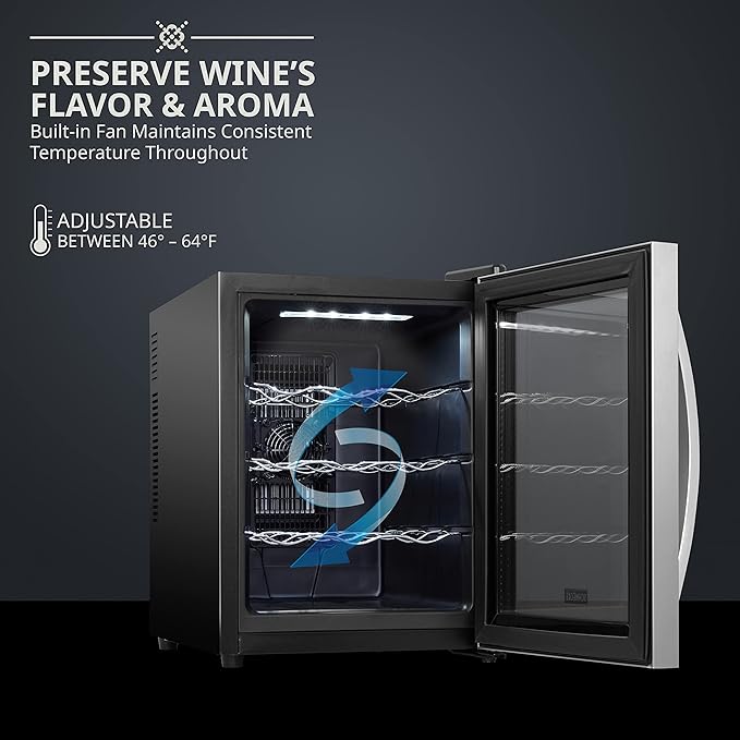 Schmécké 12 Bottle Thermoelectric Wine Cooler/Chiller - Stainless Steel - Counter Top Red & White Wine Cellar w/Digital Temperature, Freestanding Refrigerator Smoked Glass Door Quiet Operation Fridge