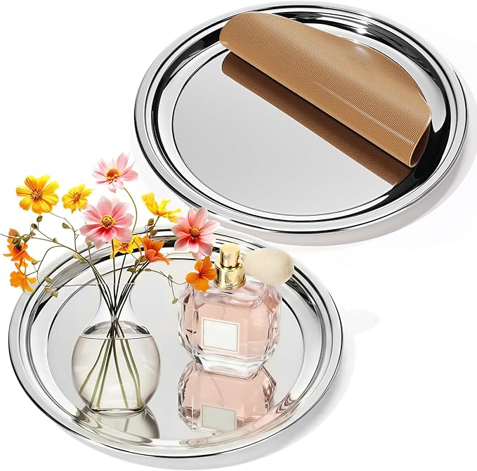 LemonRoad 2 Set Round Silver Mirror Decorative Tray 11.81 Inches Stainless Steel Metal Serving Tray Mirrored Finish Circular Bar Platter with Anti Slip Mat Vanity Kitchen Organizer for Home