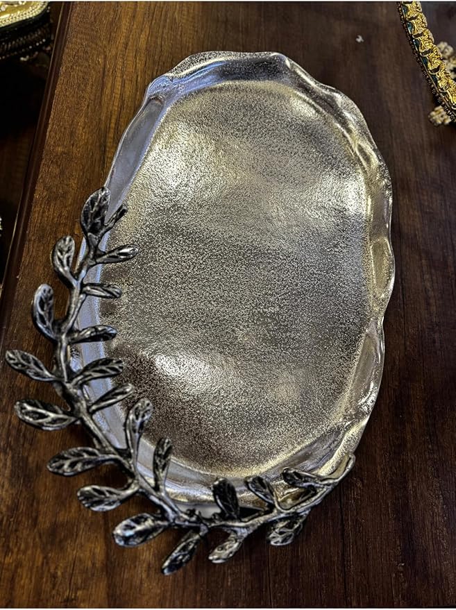Oval Metal Cast Decorative Tray Silver Color, 16.1x10.2 Inch Serving Tray, Ottoman Style Coffee Table Tray for Home Decor and Parties - Silver, One Size