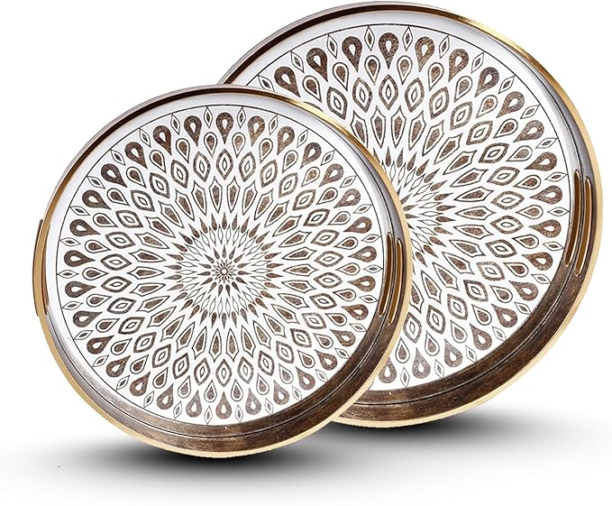 Round Serving Tray with with Handles Antique Look & Stylish Design Decorative Trays for Kitchen Round Ottoman Tray for Dinning Living Room & Home Decor Pack of 2 (White-Gold)