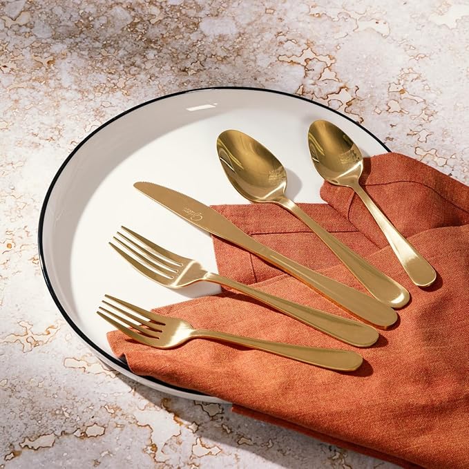 Gibson Home Ravidia Gold Heavy Gauge Flatware Cutlery Silverware Set 20 Pieces, Stainless Steel Colorful Utensils, Tableware Set Service for 4