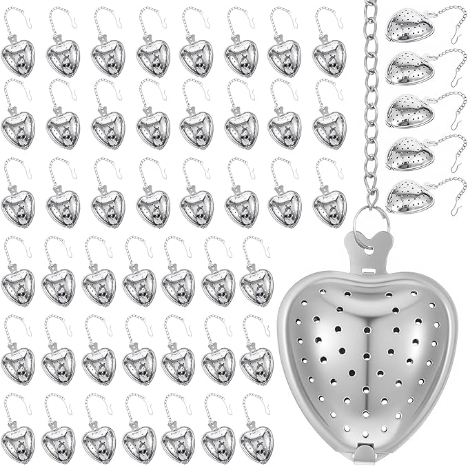 50 Pcs Stainless Steel Heart Shaped Tea Infuser, Loose Leaf Steeper with Mesh Filter and Extended Chain Hook for Cup Bottle Tea Party, Silver