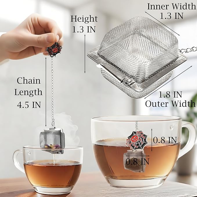 Spider Tea Infuser Set, 2 PCS Cube Tea Strainer Balls for Loose Leaf Tea with Halloween Spider Charm Pendant, Fine Stainless Steel Mesh Tea Diffuser Gift for Tea Lovers